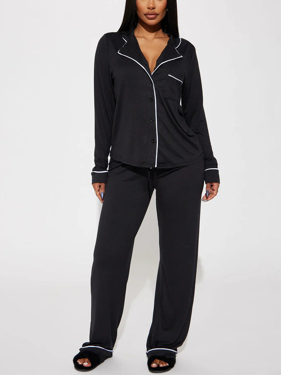Contrast Piped Long Sleeve Pajama Set - Black