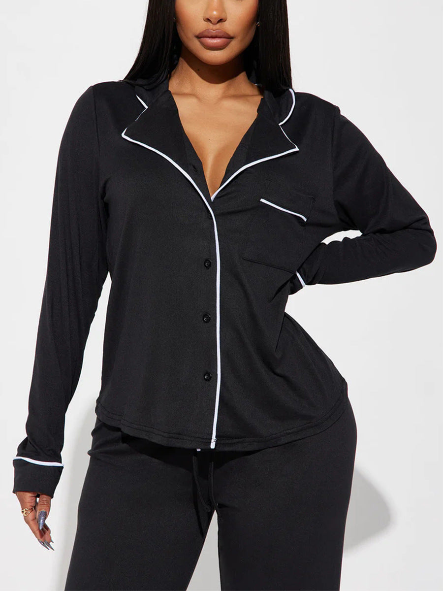 Contrast Piped Long Sleeve Pajama Set - Black - 1