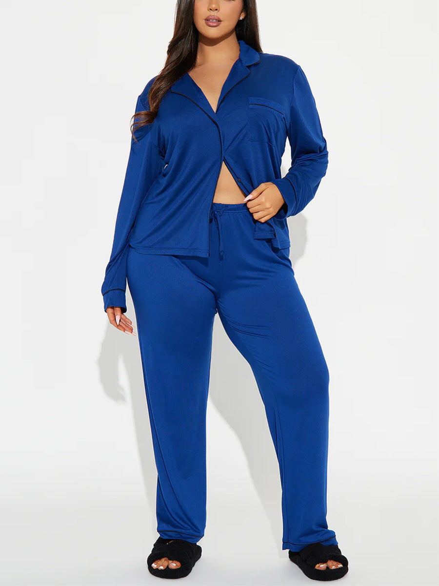 Contrast Piped Long Sleeve Pajama Set - Blue