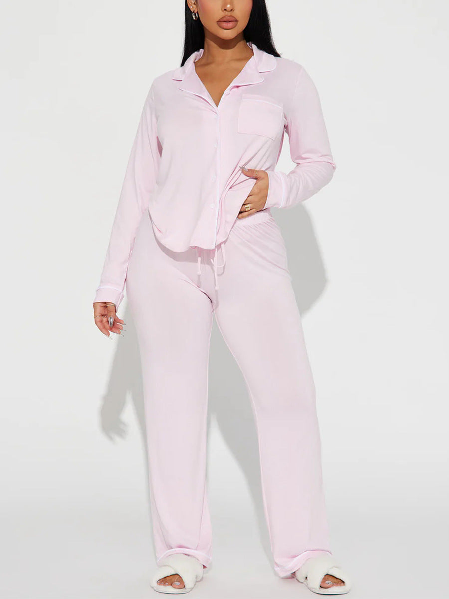 Contrast Piped Long Sleeve Pajama Set - Pink