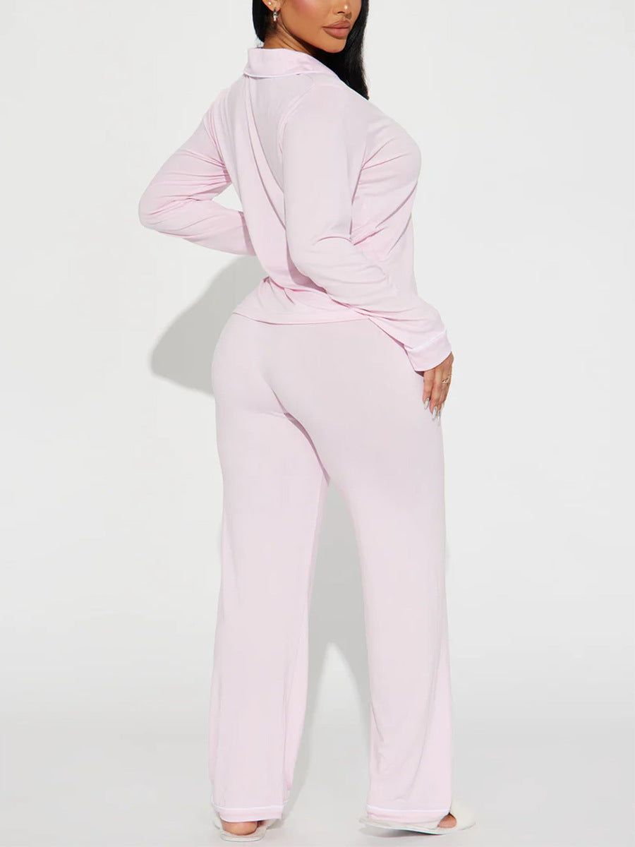 Contrast Piped Long Sleeve Pajama Set - Pink - 1