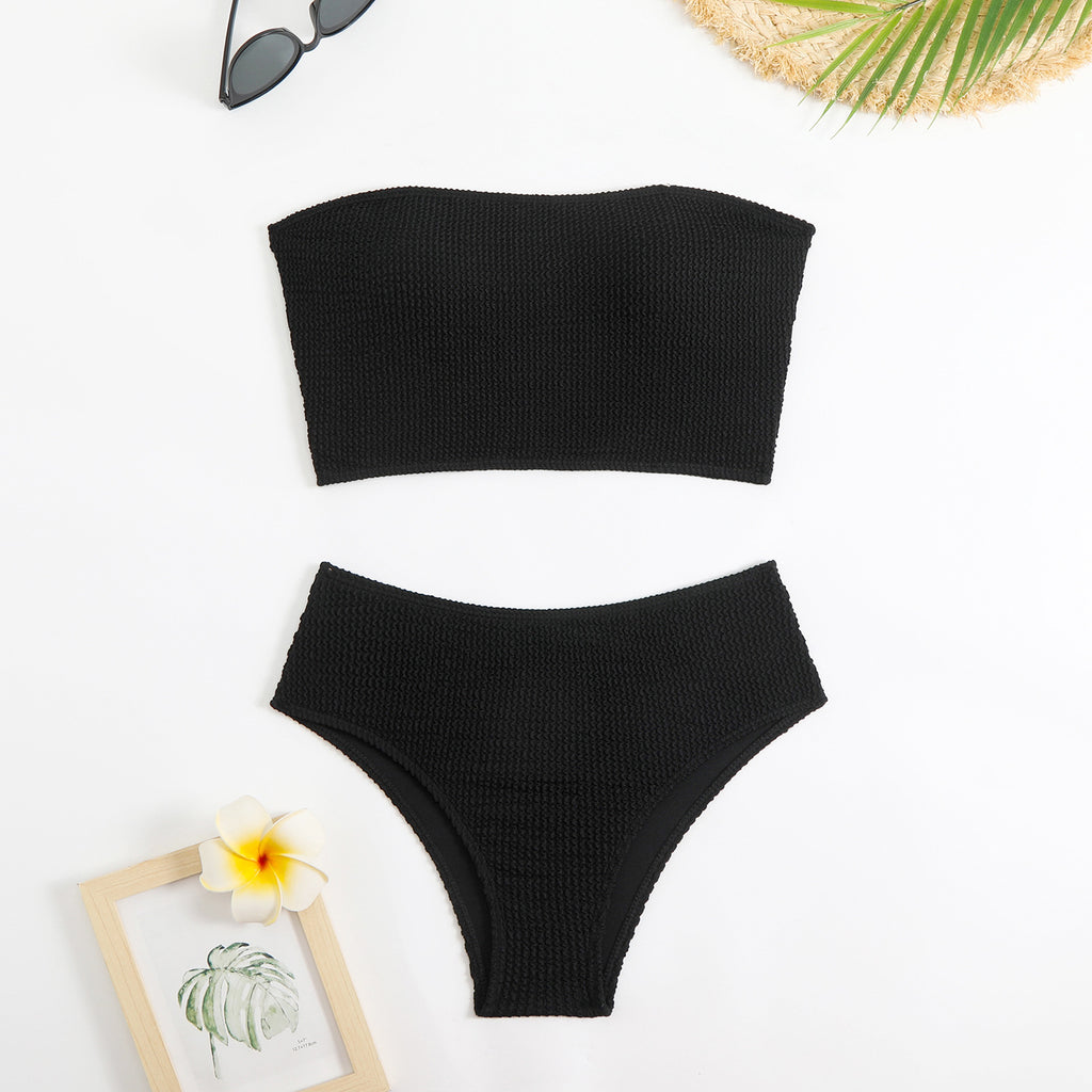 Ribbed Bandeau High Waist Bikini Set - Black