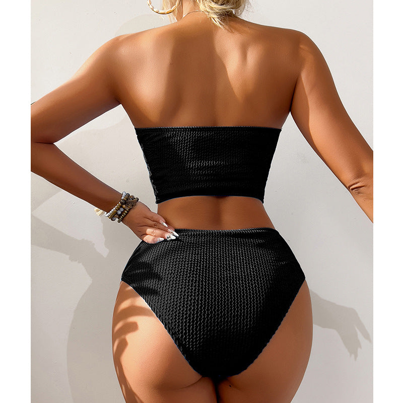 Ribbed Bandeau High Waist Bikini Set - Black - 1