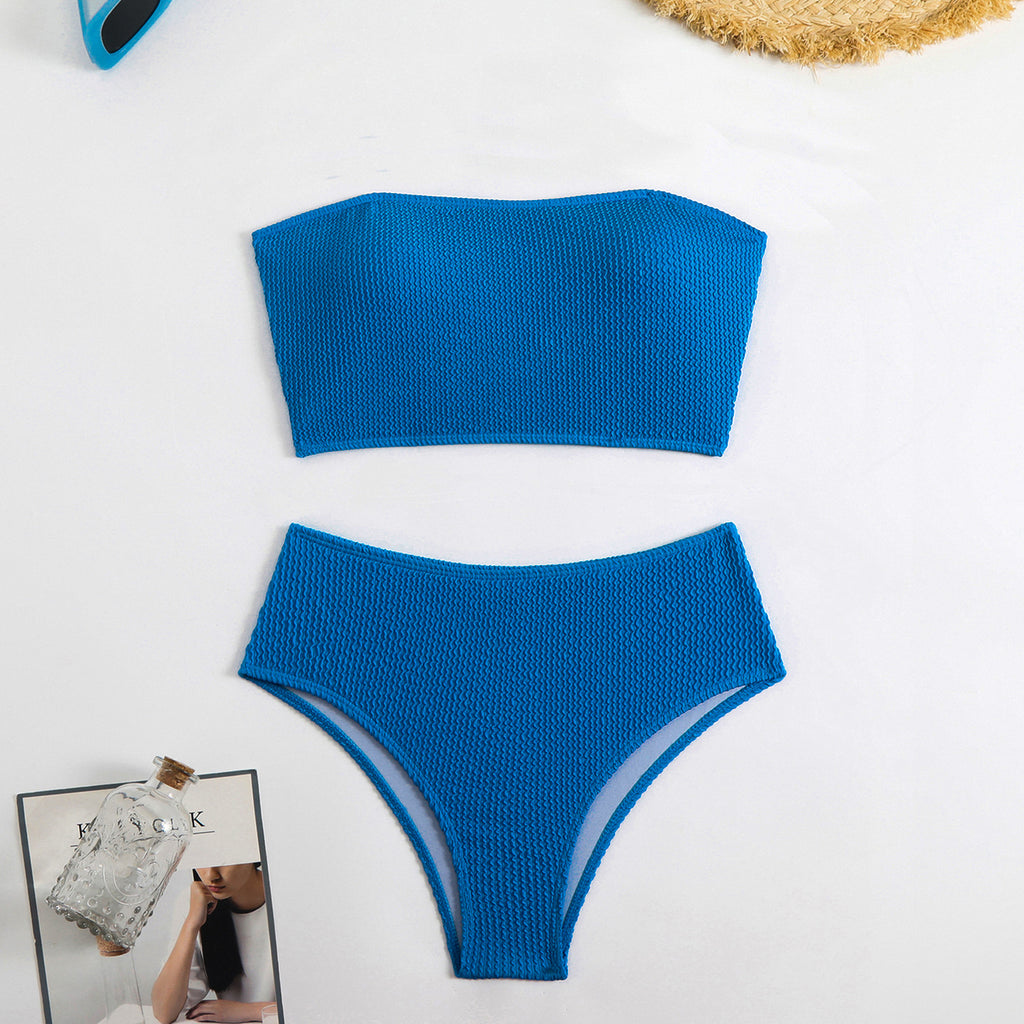 Ribbed Bandeau High Waist Bikini Set - Blue