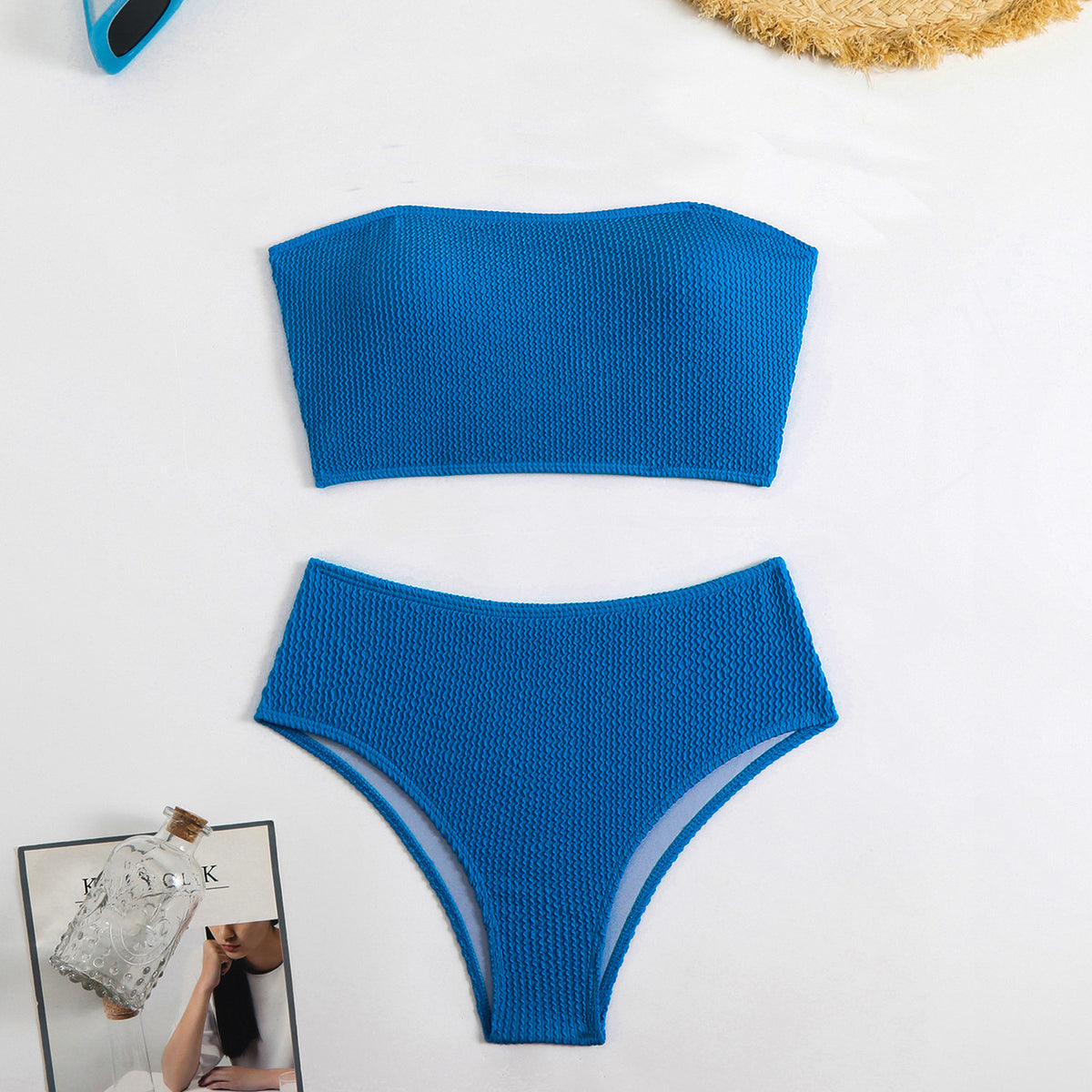 Ribbed Bandeau High Waist Bikini Set - Blue