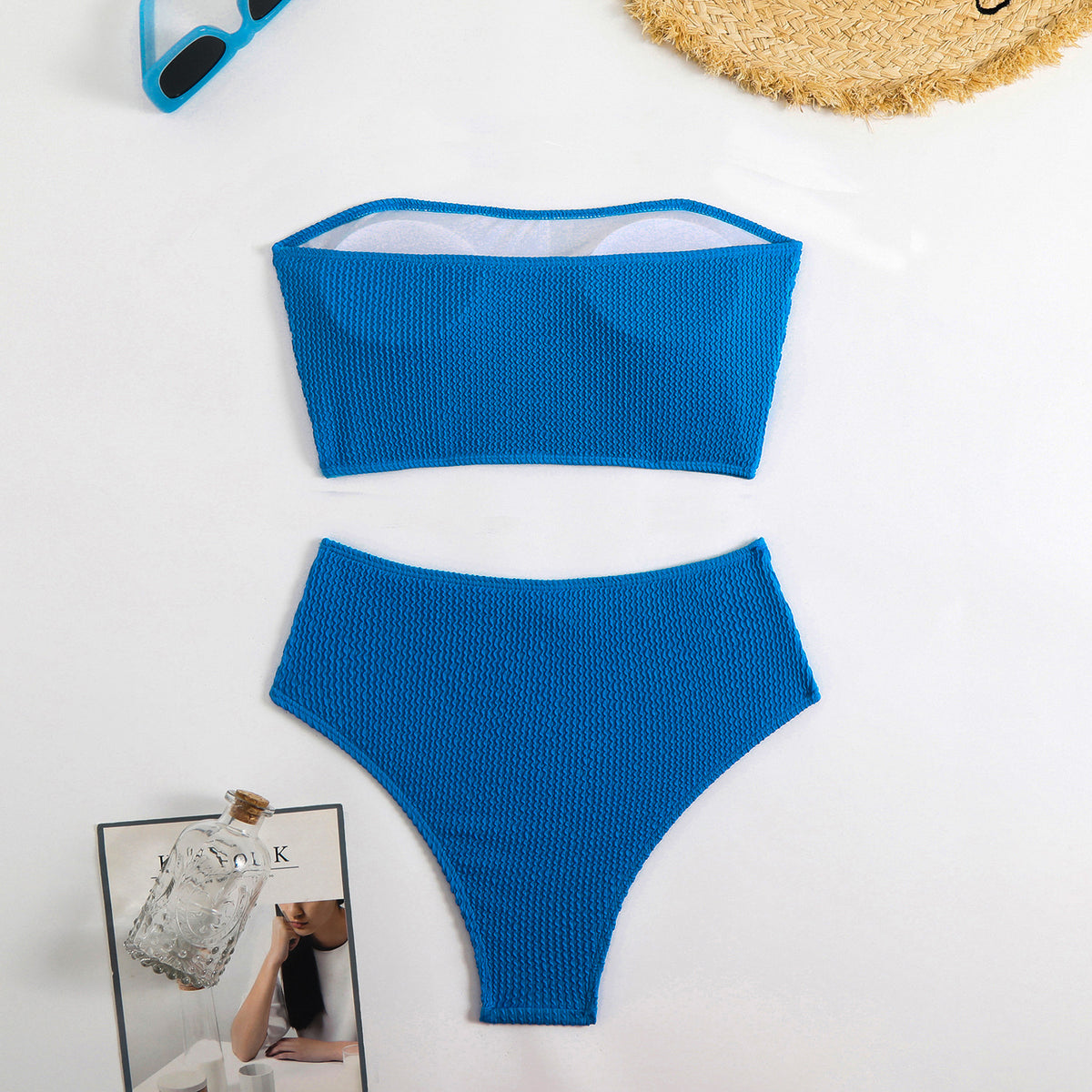 Ribbed Bandeau High Waist Bikini Set - Blue - 1