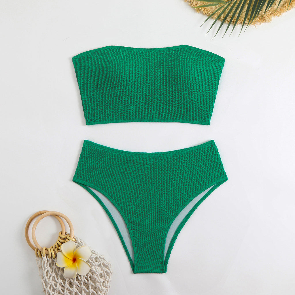 Ribbed Bandeau High Waist Bikini Set - Green
