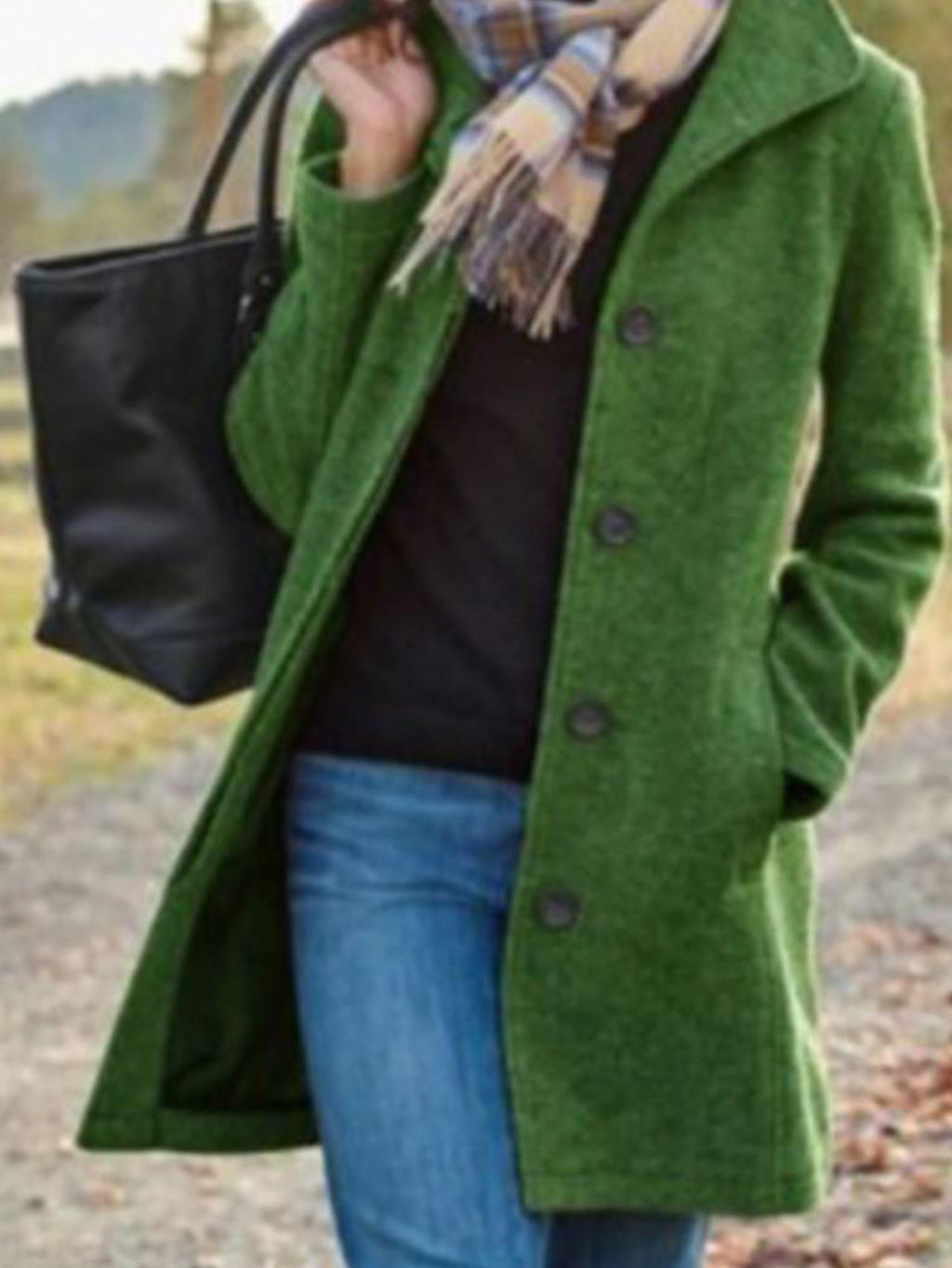 Brushed Mid Length Button Front Coat - Green - 2