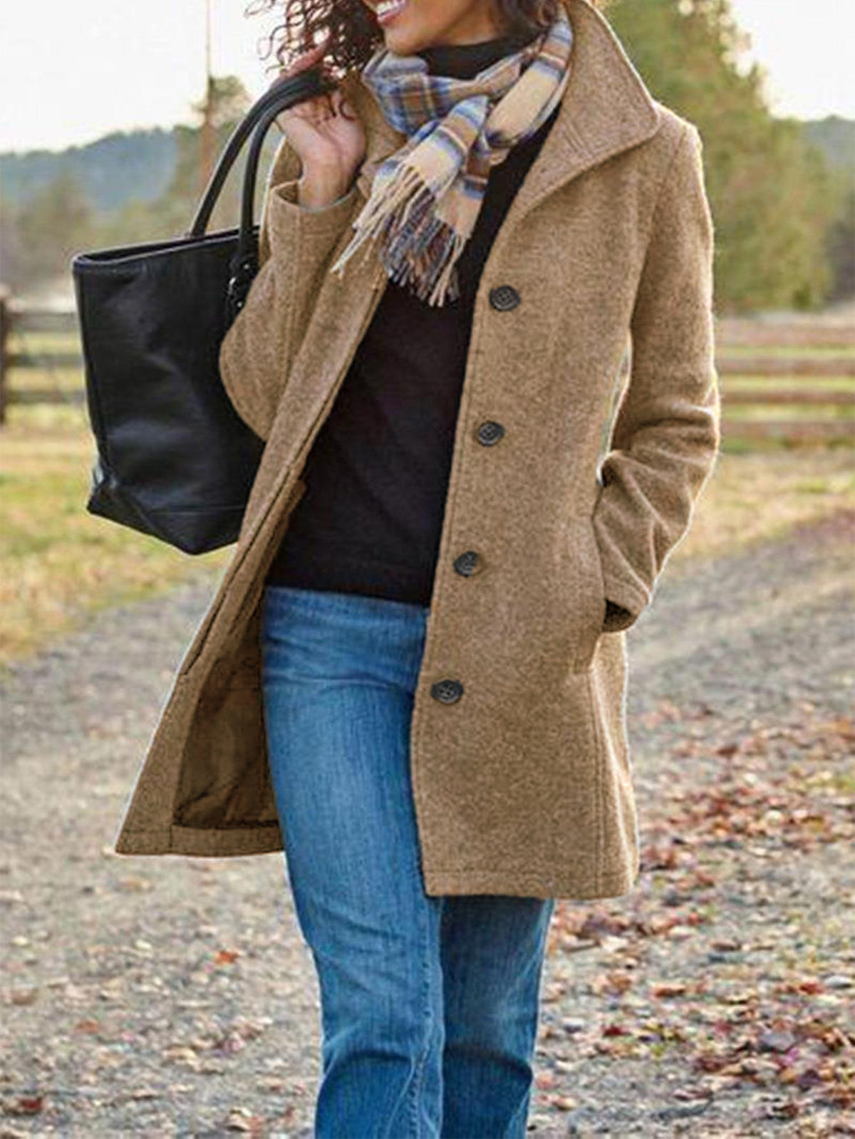 Brushed Mid Length Button Front Coat - Khaki