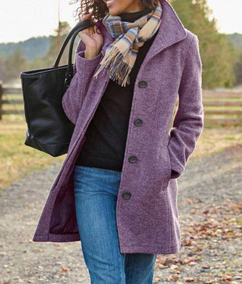 Brushed Mid Length Button Front Coat - Purple