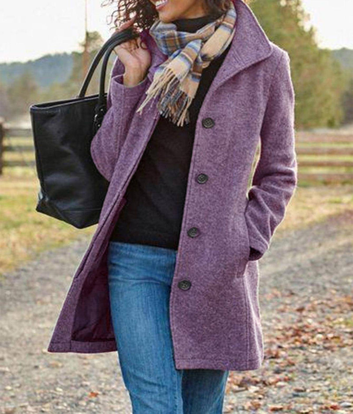 Brushed Mid Length Button Front Coat - Purple