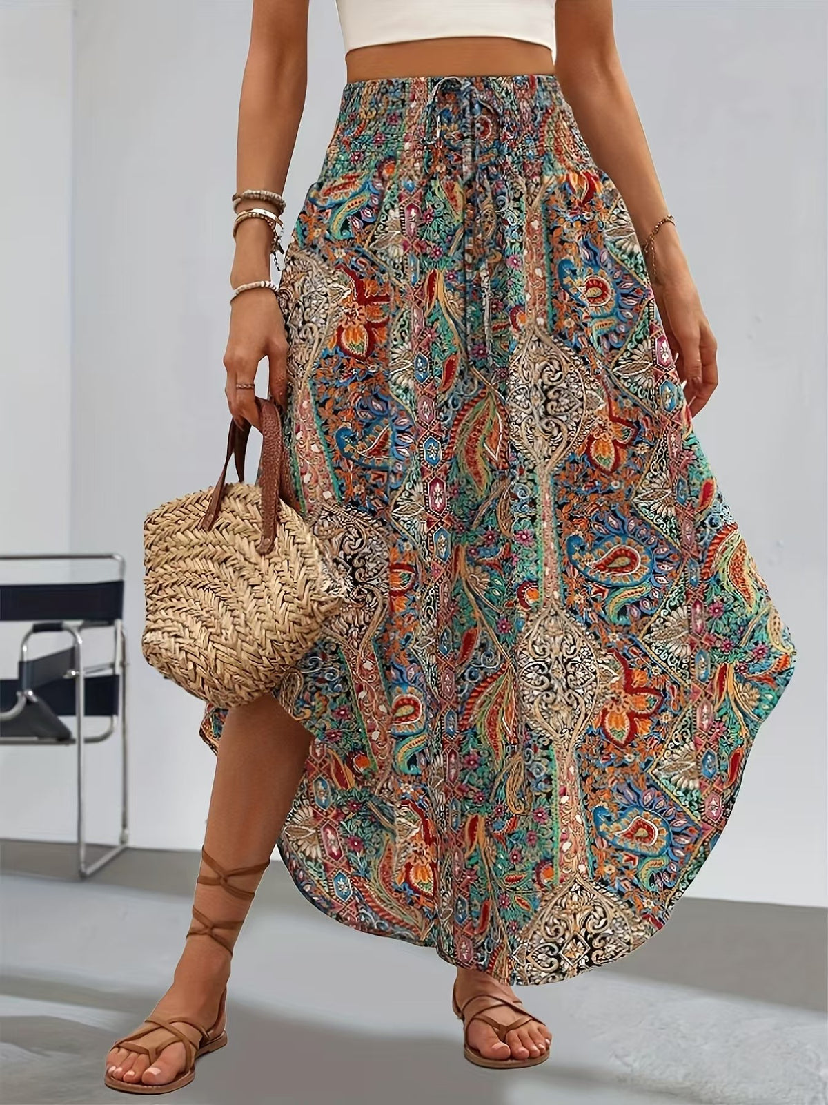 Smocked Waist Asymmetrical Boho Maxi Skirt - BlueRed