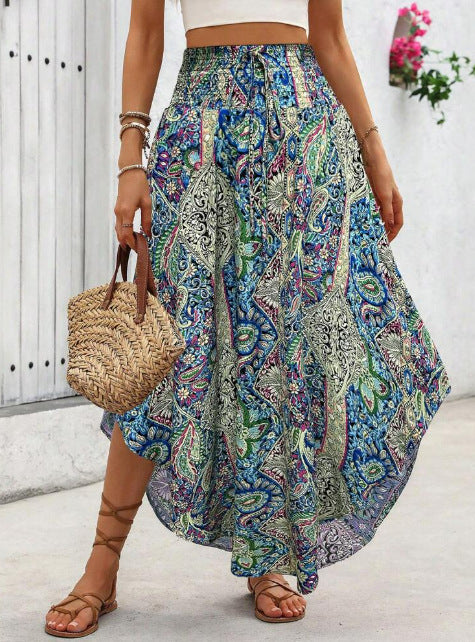 Smocked Waist Asymmetrical Boho Maxi Skirt - Green