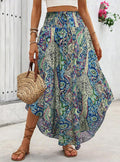 Smocked Waist Asymmetrical Boho Maxi Skirt - Green
