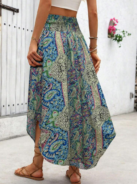 Smocked Waist Asymmetrical Boho Maxi Skirt - Green - 1