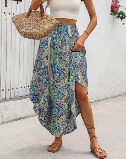 Smocked Waist Asymmetrical Boho Maxi Skirt - Green - 2