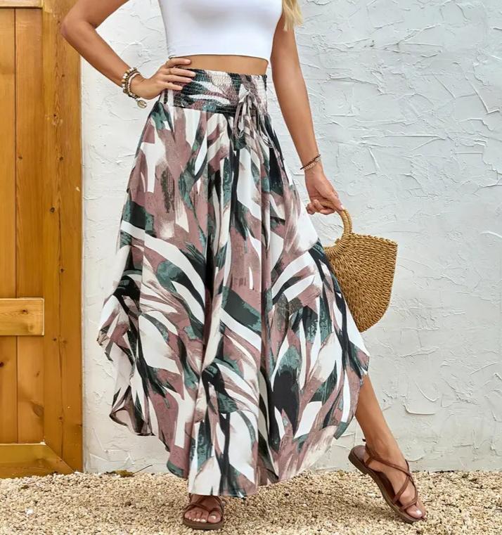 Smocked Waist Asymmetrical Boho Maxi Skirt - Khaki