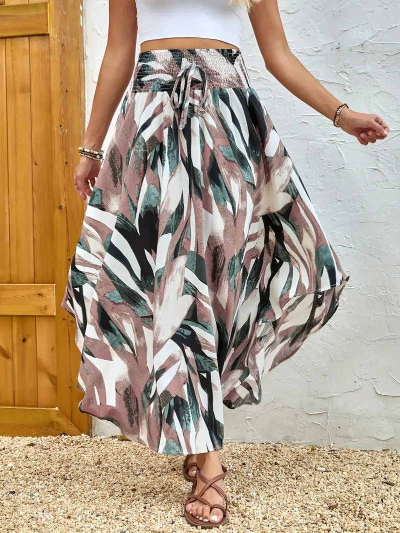 Smocked Waist Asymmetrical Boho Maxi Skirt - Khaki - 1