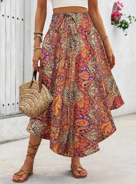 Smocked Waist Asymmetrical Boho Maxi Skirt - Orange