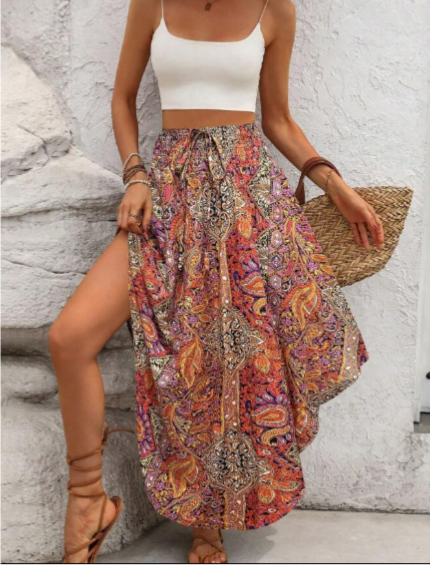 Smocked Waist Asymmetrical Boho Maxi Skirt - Orange - 1