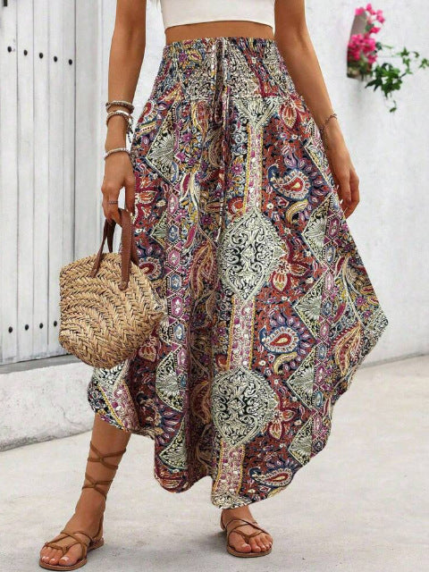 Smocked Waist Asymmetrical Boho Maxi Skirt - Red