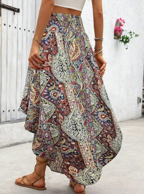Smocked Waist Asymmetrical Boho Maxi Skirt - Red - 1
