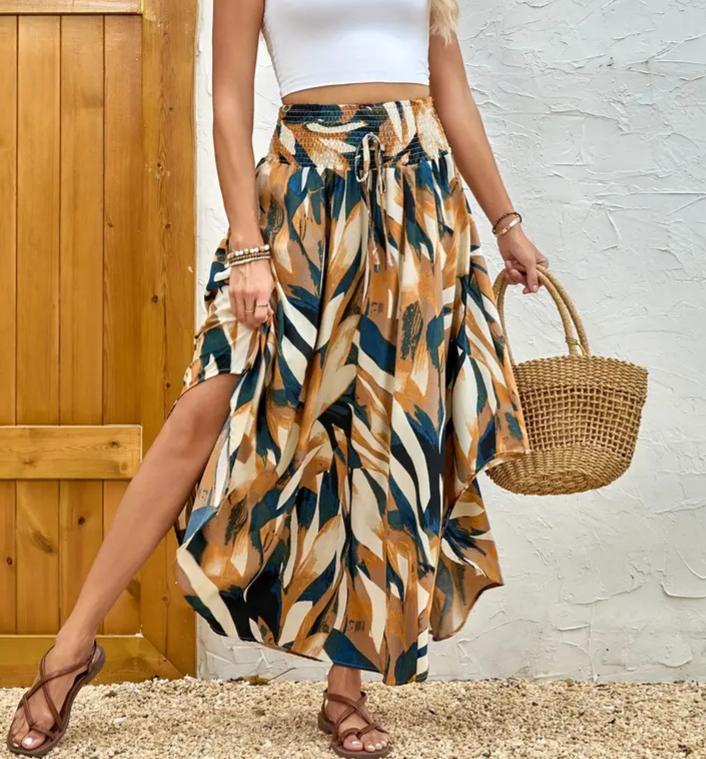 Smocked Waist Asymmetrical Boho Maxi Skirt - Yellow