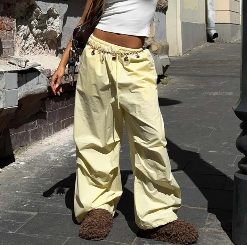 High Waist Drawstring Balloon Hem Pants - Yellow
