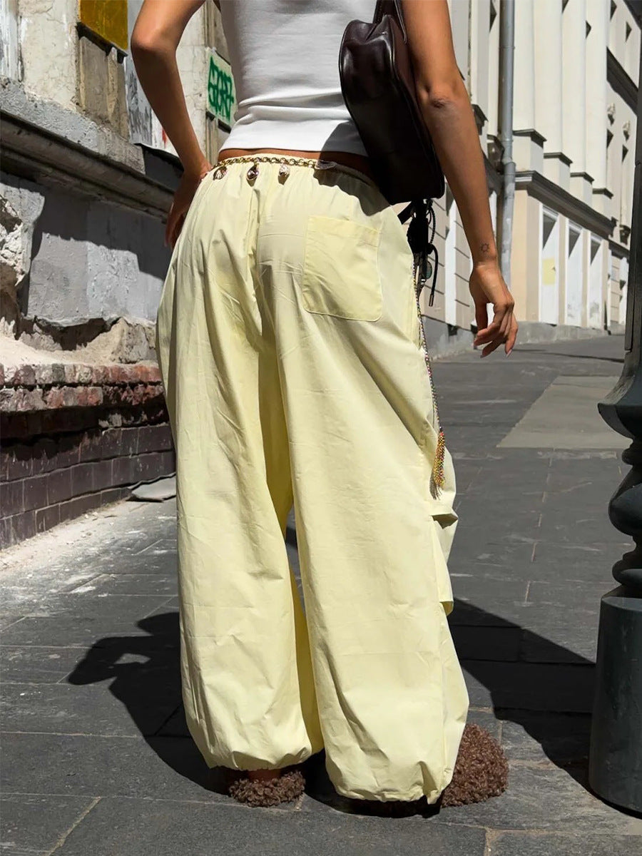 High Waist Drawstring Balloon Hem Pants - Yellow - 6