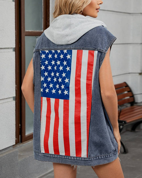 American Flag Back Hooded Denim Jacket - WithHat