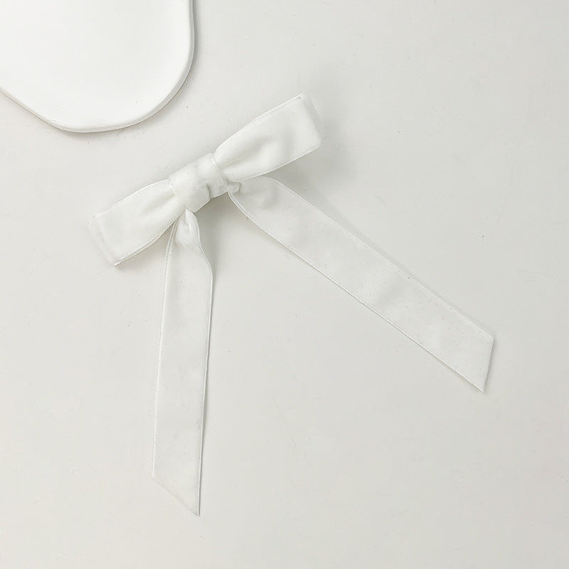 Slim Velvet Ribbon Bow Hair Clip - White