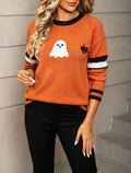 Ghost Varsity Stripe Halloween Crewneck Sweater - Orange