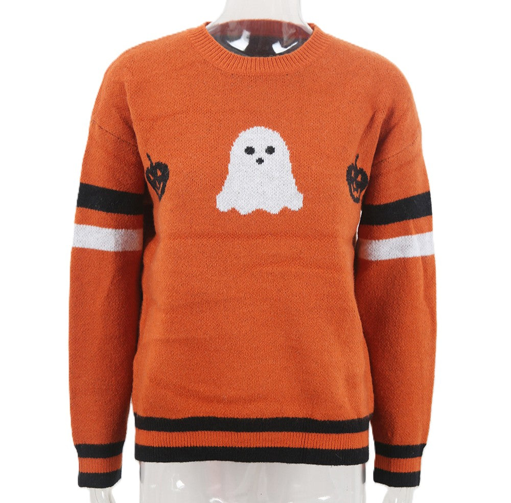 Ghost Varsity Stripe Halloween Crewneck Sweater - Orange - 1