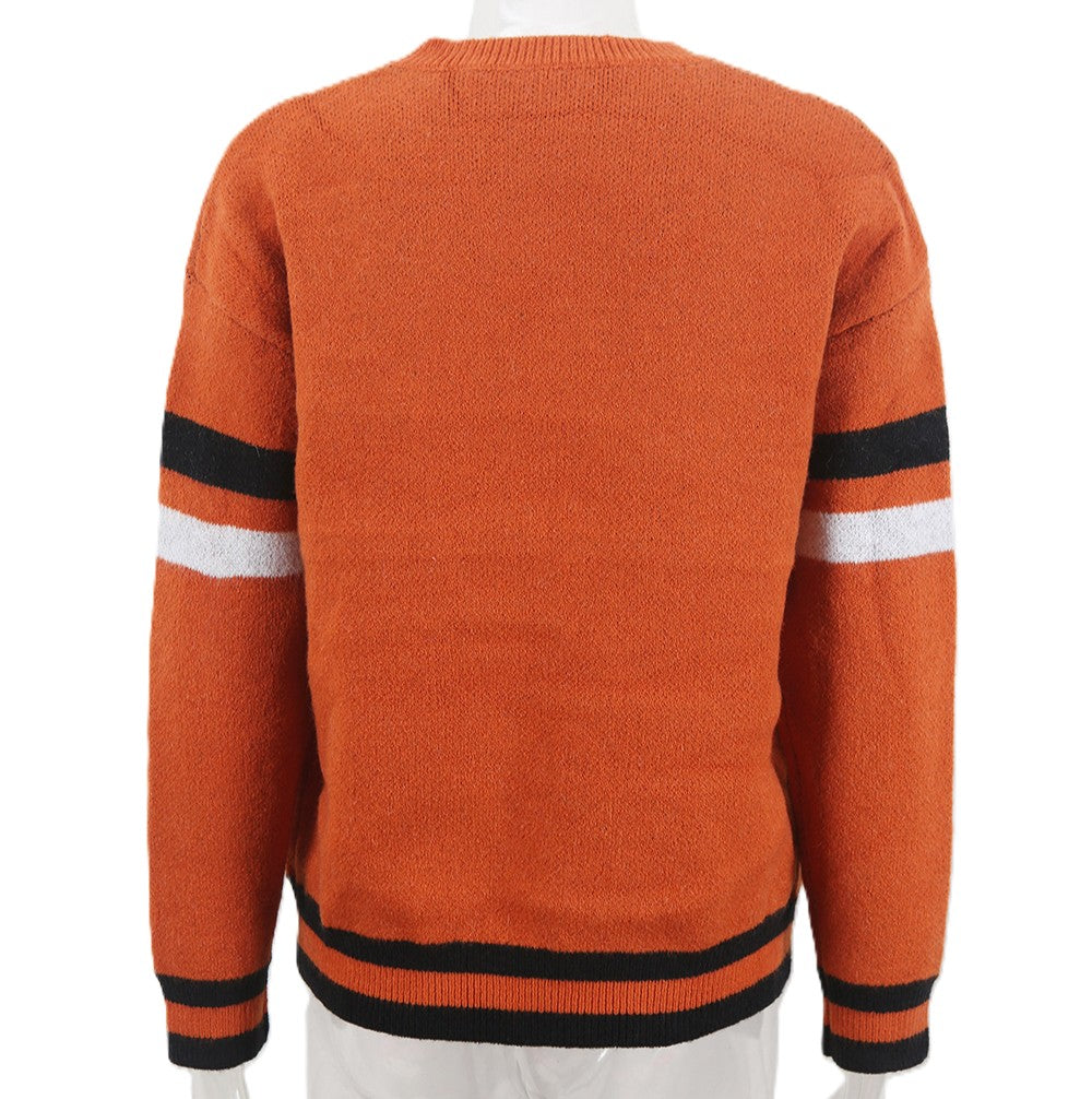 Ghost Varsity Stripe Halloween Crewneck Sweater - Orange - 2