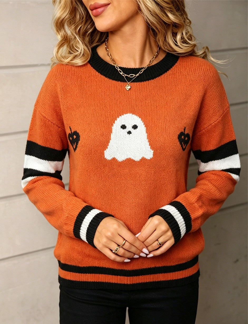 Ghost Varsity Stripe Halloween Crewneck Sweater - Orange - 3