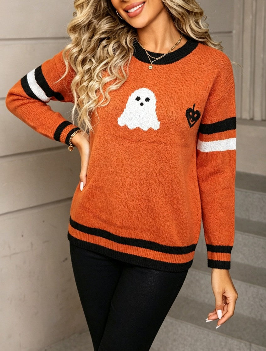 Ghost Varsity Stripe Halloween Crewneck Sweater - Orange - 4