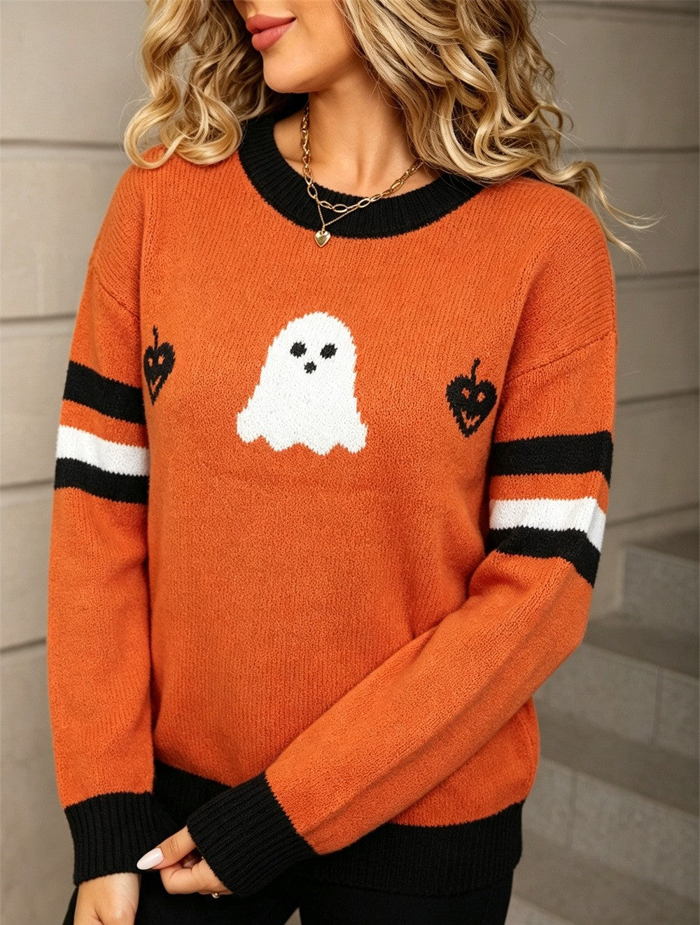 Ghost Varsity Stripe Halloween Crewneck Sweater - Orange - 5