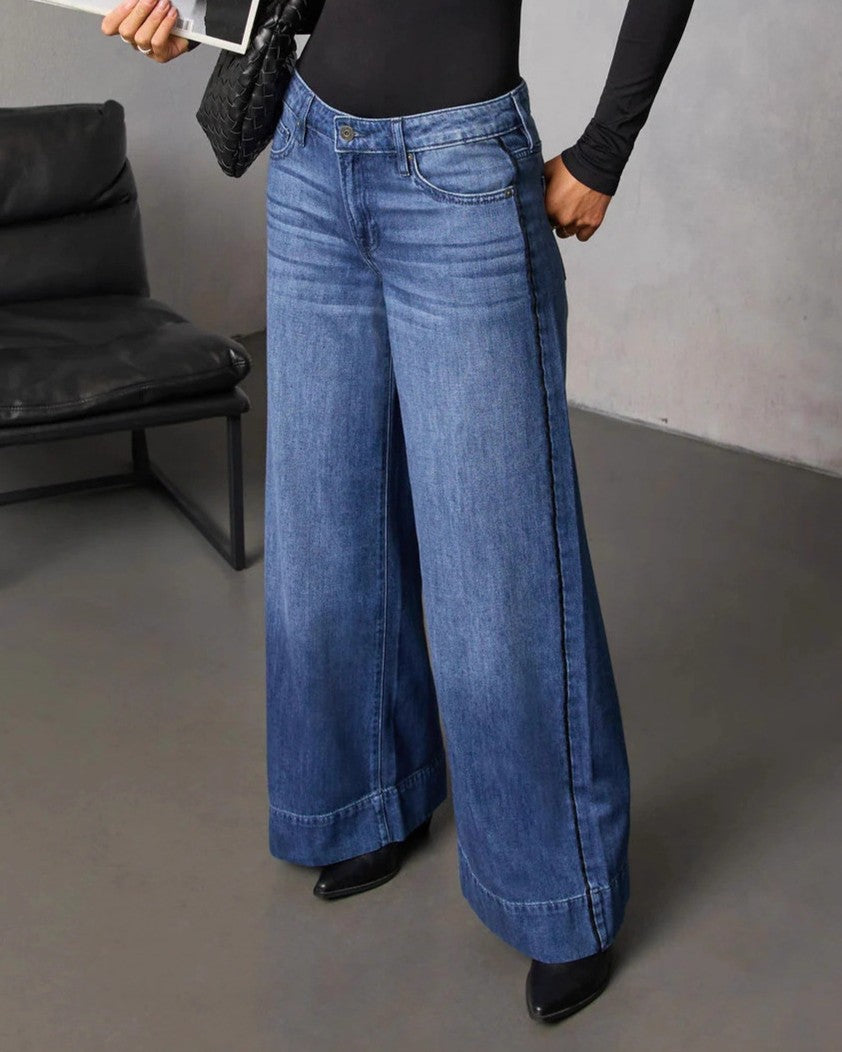 Palazzo Wide Leg High Rise Denim Jeans - Blue - 1