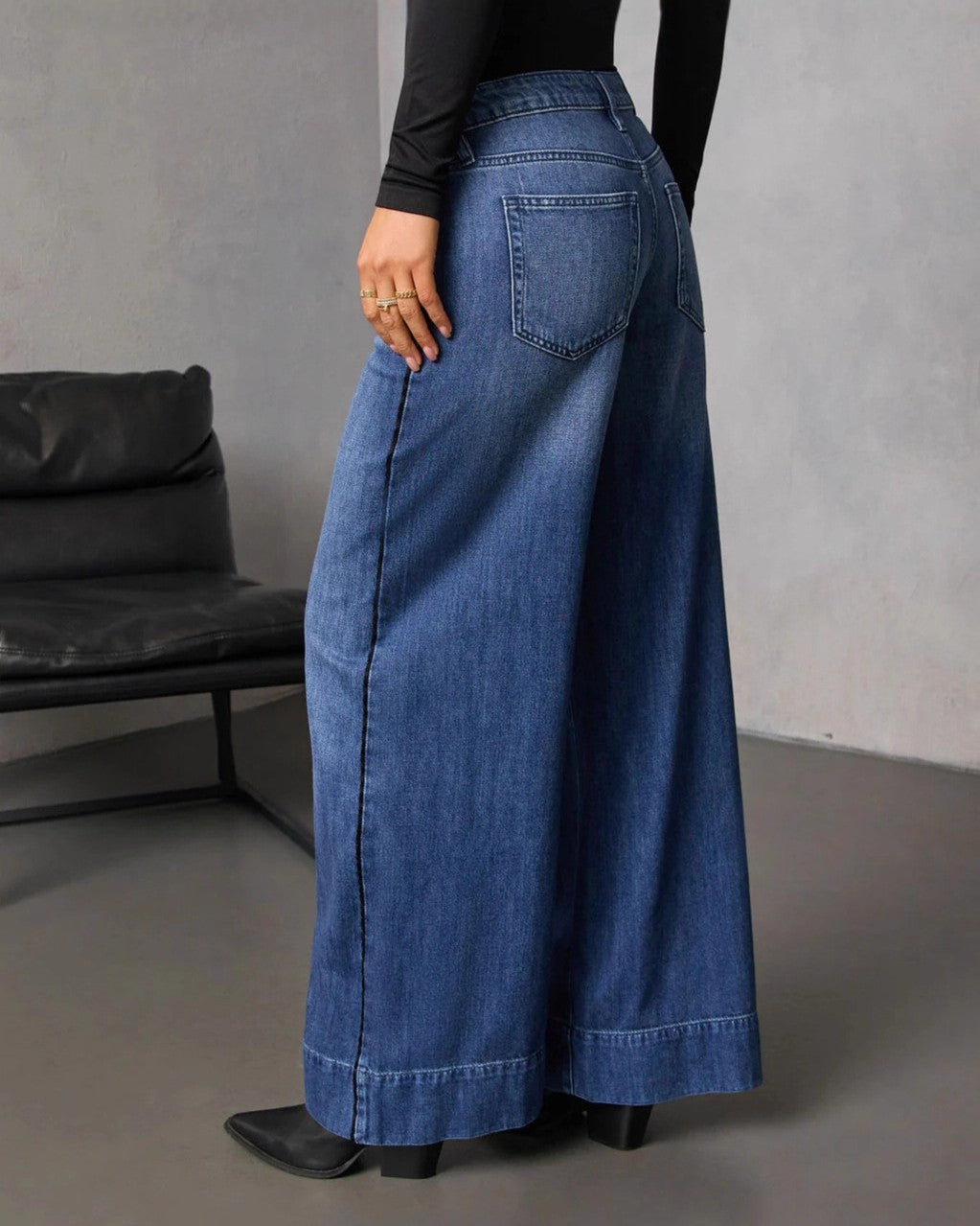 Palazzo Wide Leg High Rise Denim Jeans - Blue - 3