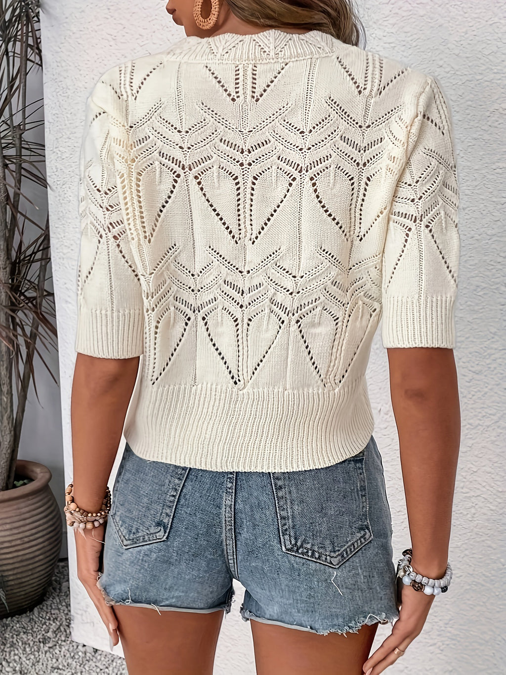 Pointelle Knit Short Sleeve Pullover Sweater - view 1