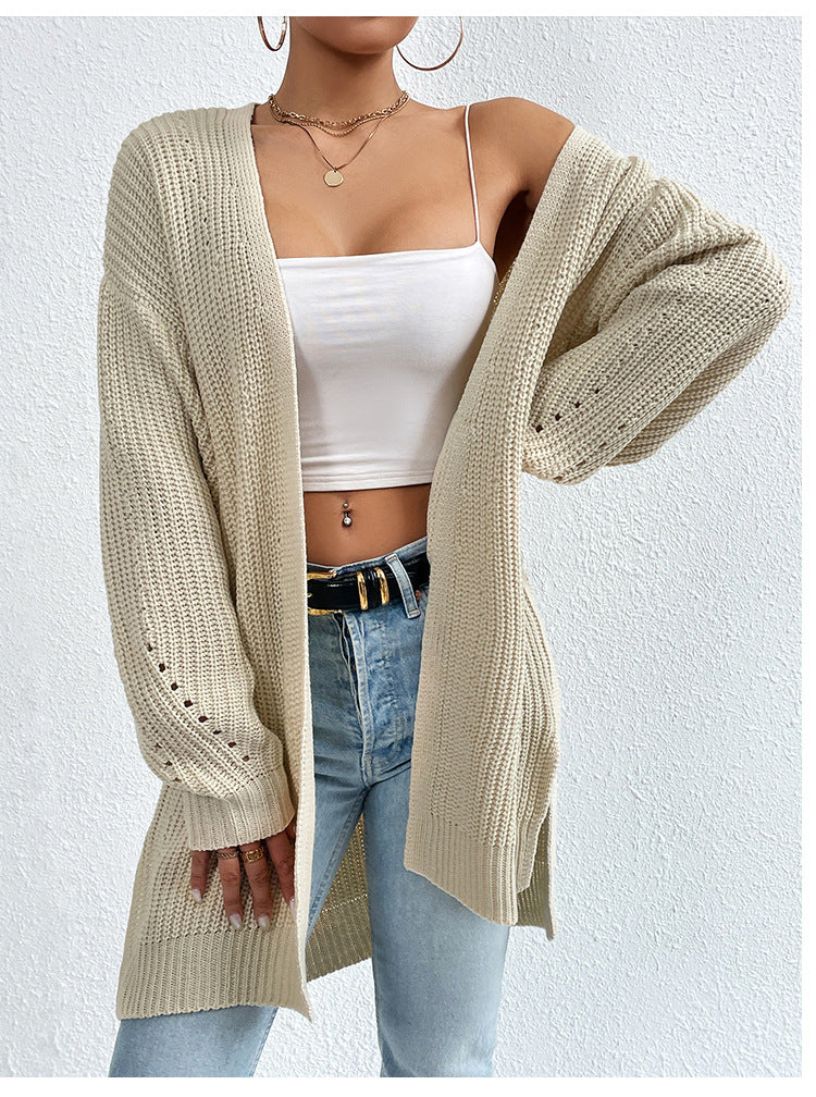 Open Front Longline Ribbed Knit Cardigan - Apricot