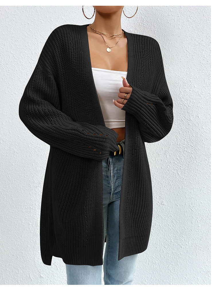 Open Front Longline Ribbed Knit Cardigan - Black