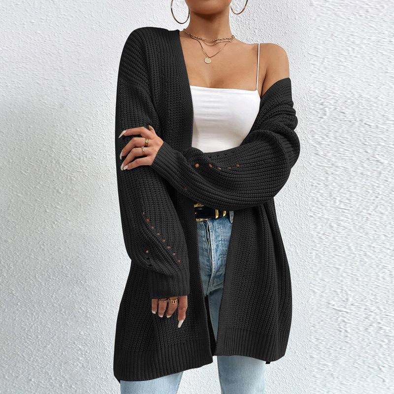 Open Front Longline Ribbed Knit Cardigan - Black - 1