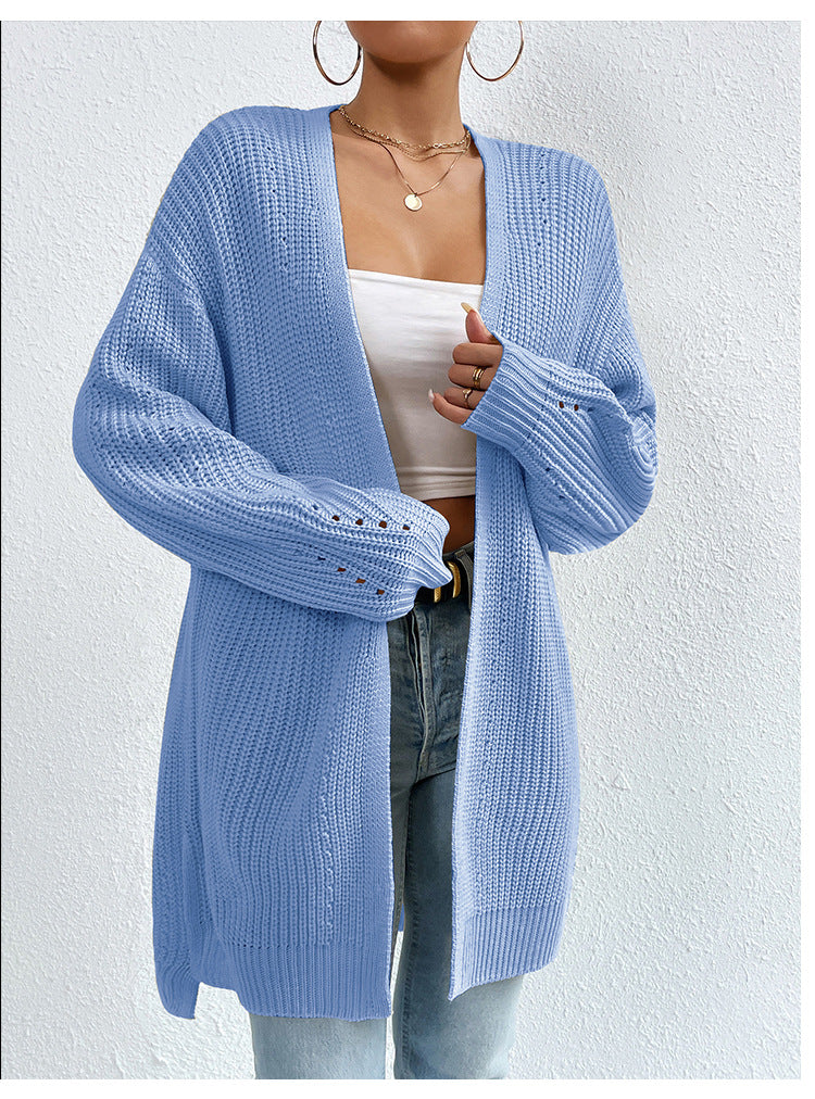 Open Front Longline Ribbed Knit Cardigan - Blue
