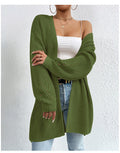 Open Front Longline Ribbed Knit Cardigan - Green
