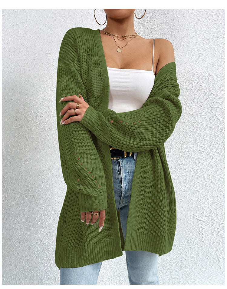 Open Front Longline Ribbed Knit Cardigan - Green