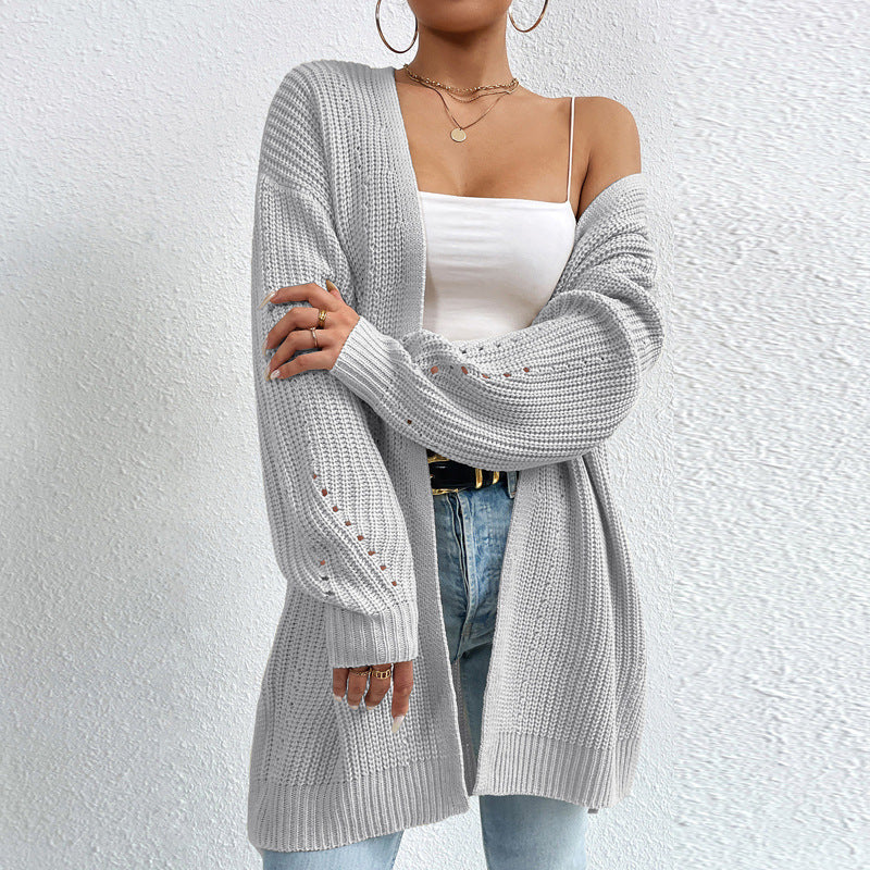 Open Front Longline Ribbed Knit Cardigan - Grey