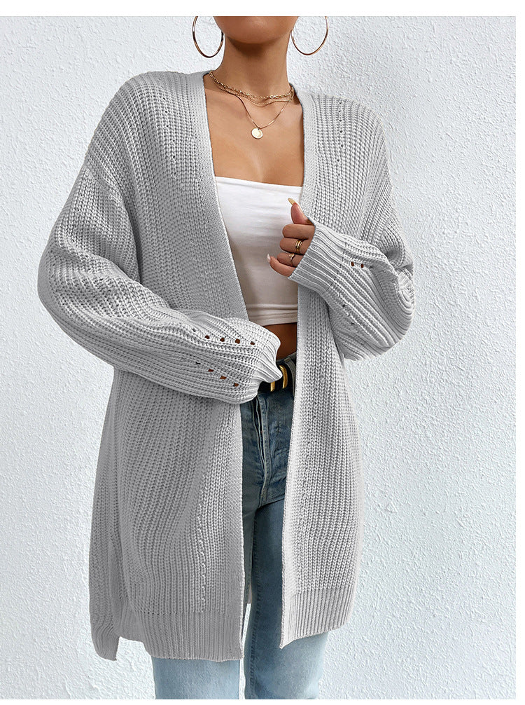 Open Front Longline Ribbed Knit Cardigan - Grey - 1