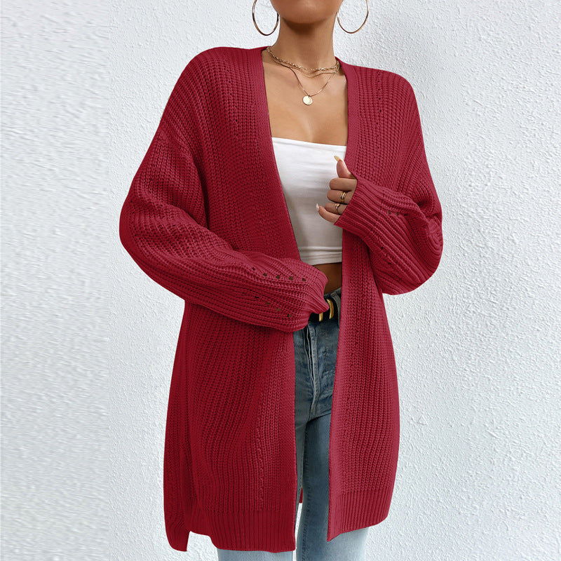 Open Front Longline Ribbed Knit Cardigan - Winered