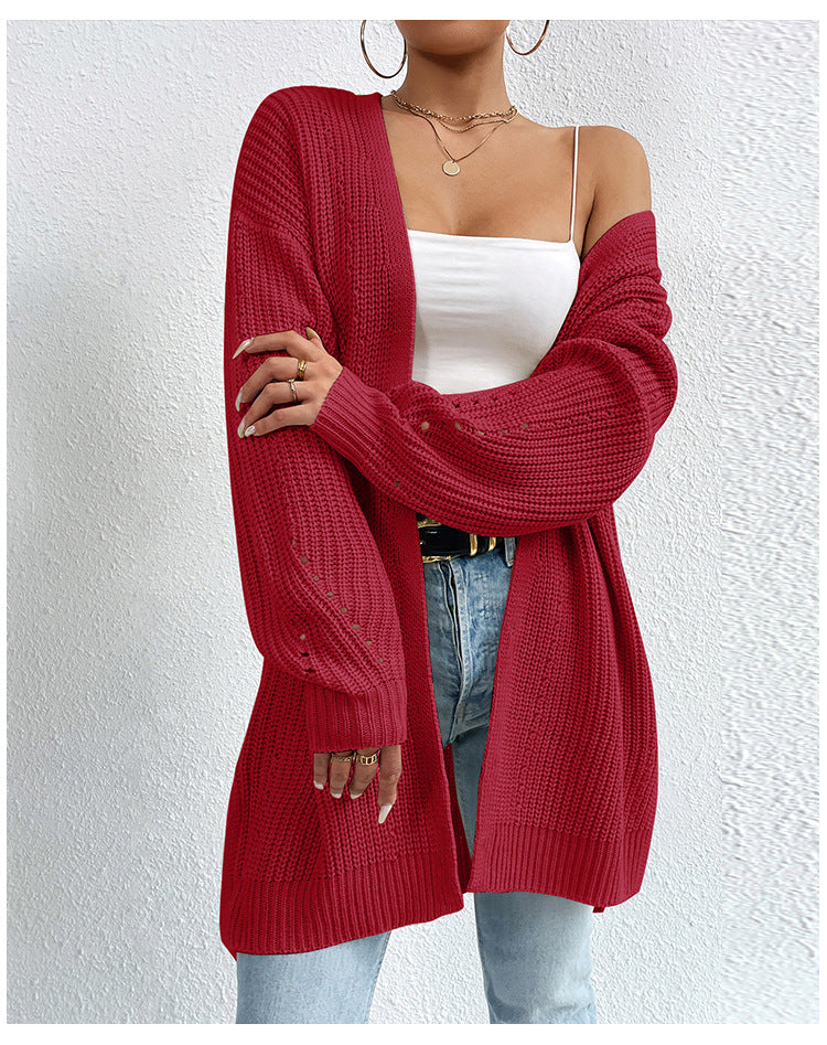 Open Front Longline Ribbed Knit Cardigan - Winered - 1